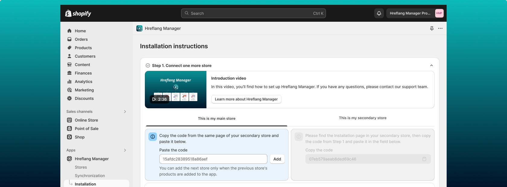 Shopify Hreflang Manager App Installation page showcase