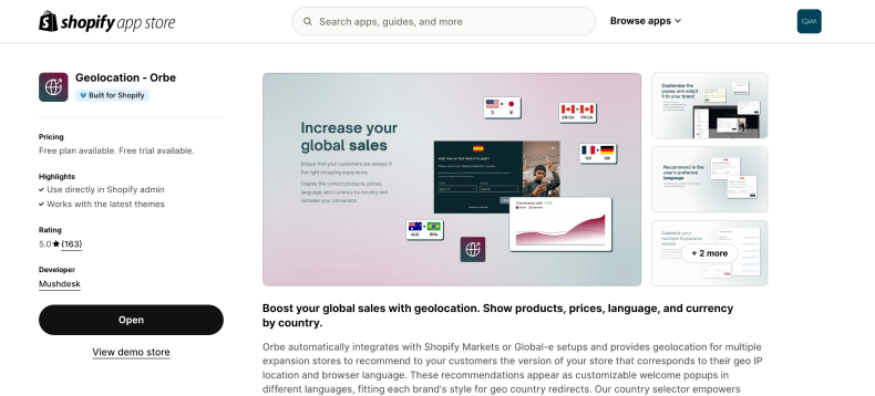 Shopify Hreflang Manager App screenshot of Integration with Geolocation ‑ Orbe