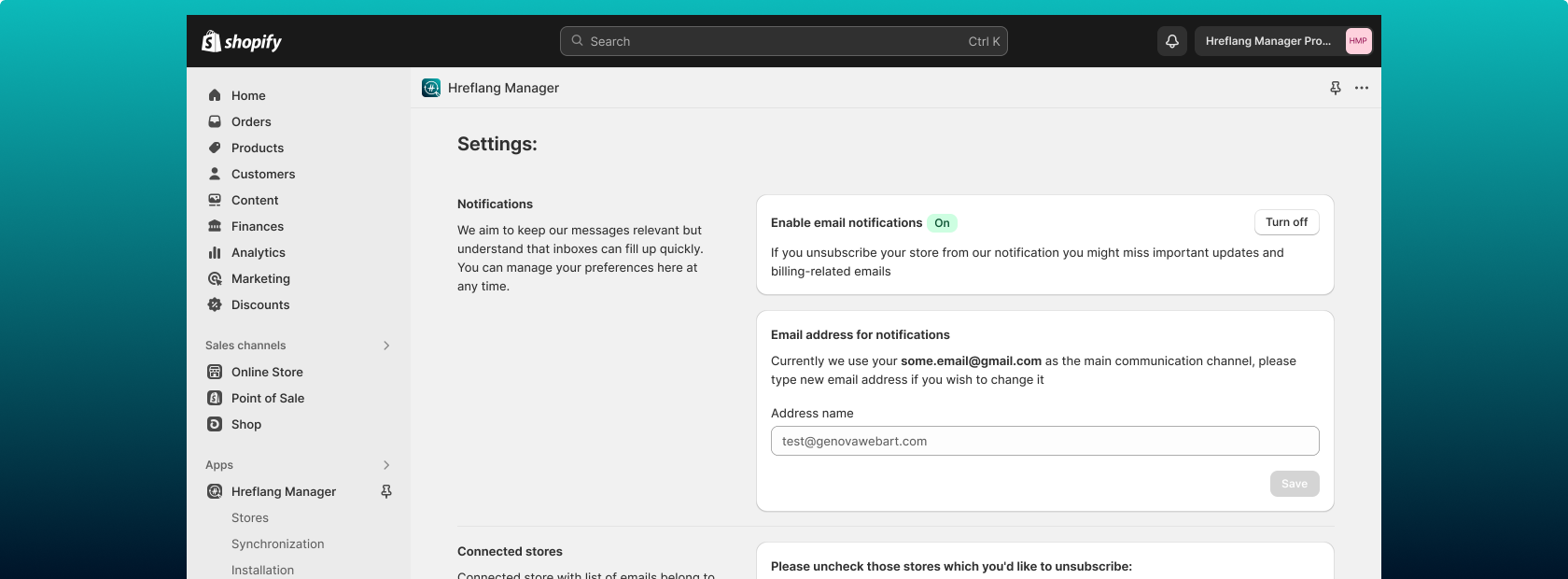 Shopify Hreflang Manager App screenshot of settings page with email notifications setup