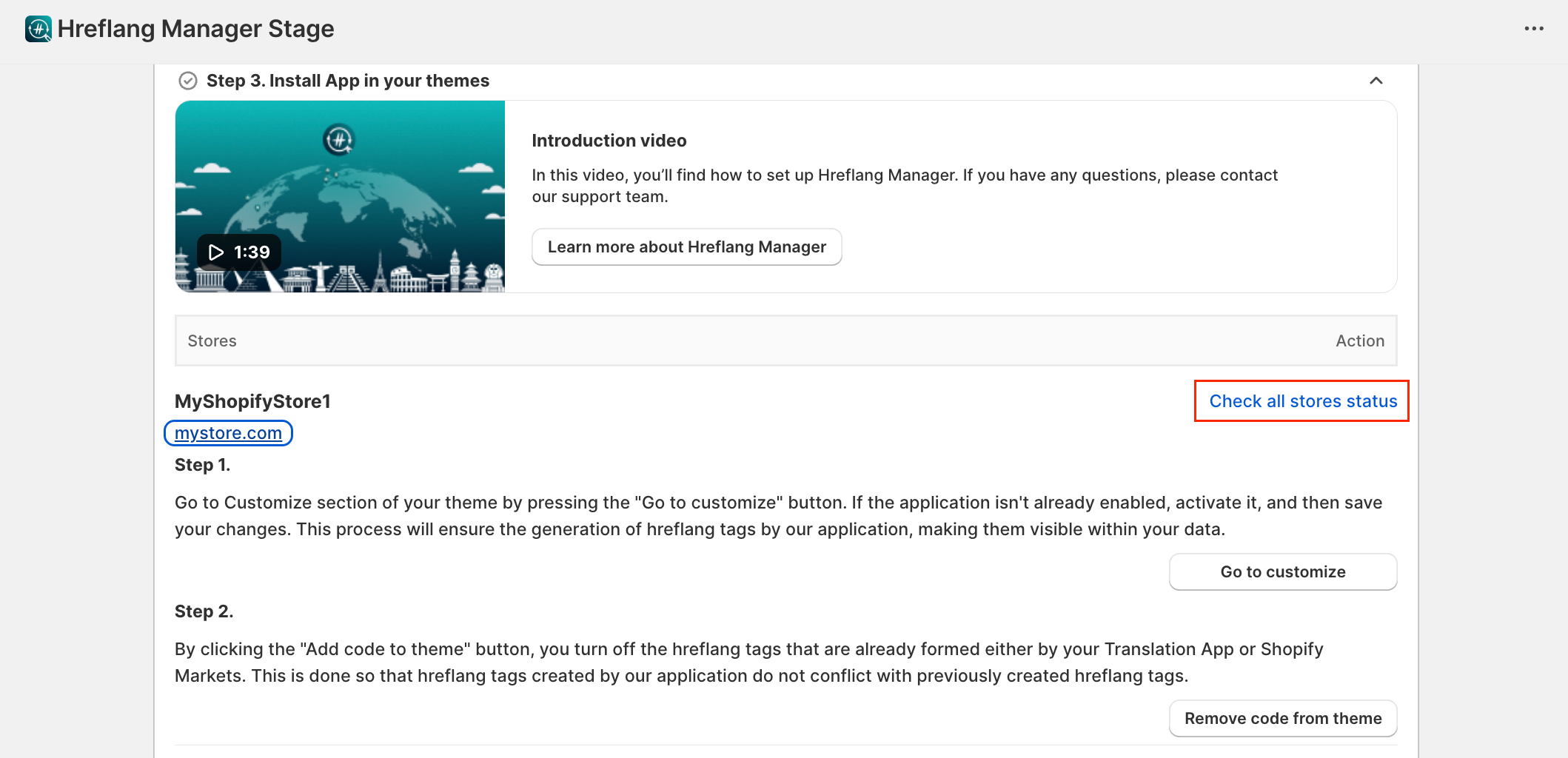 Hreflang Manager App from Shopify Check the result Status Stores