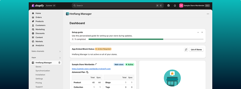 Hreflang Manager App from Shopify App Store for multiple shopify stores Dashboard page