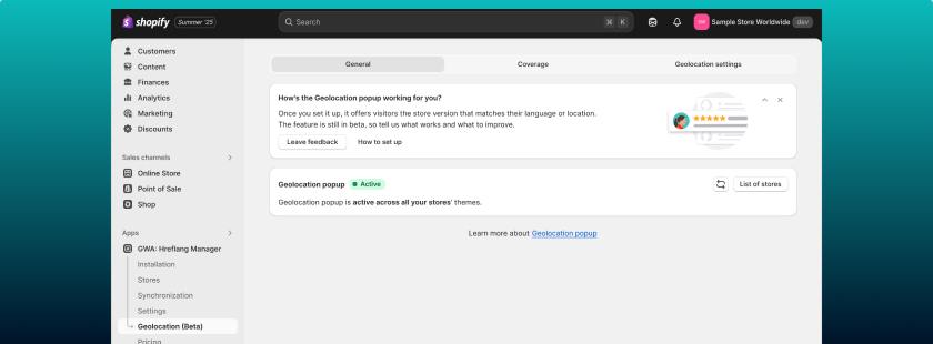 Hreflang Manager App from Shopify App Store for multiple shopify stores Geolocation page