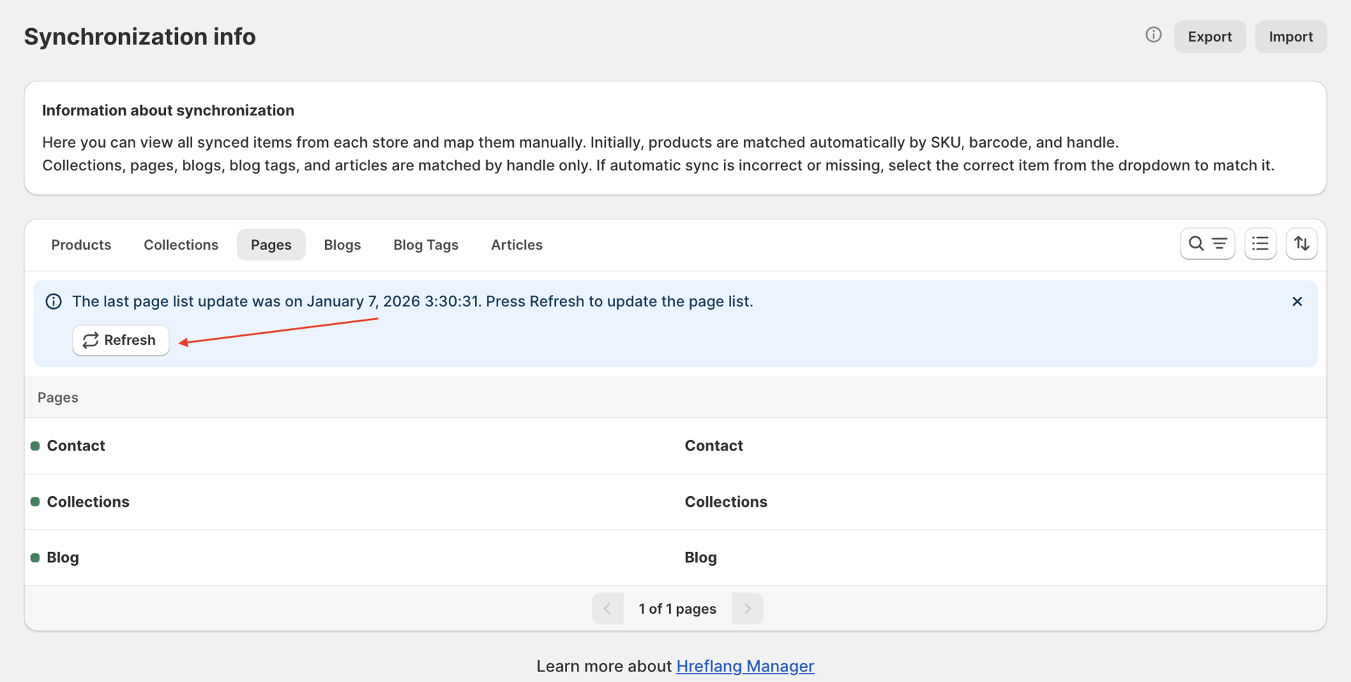 Hreflang Manager App from Shopify App Store for multiple shopify stores Refresh of each resource type to the latest version